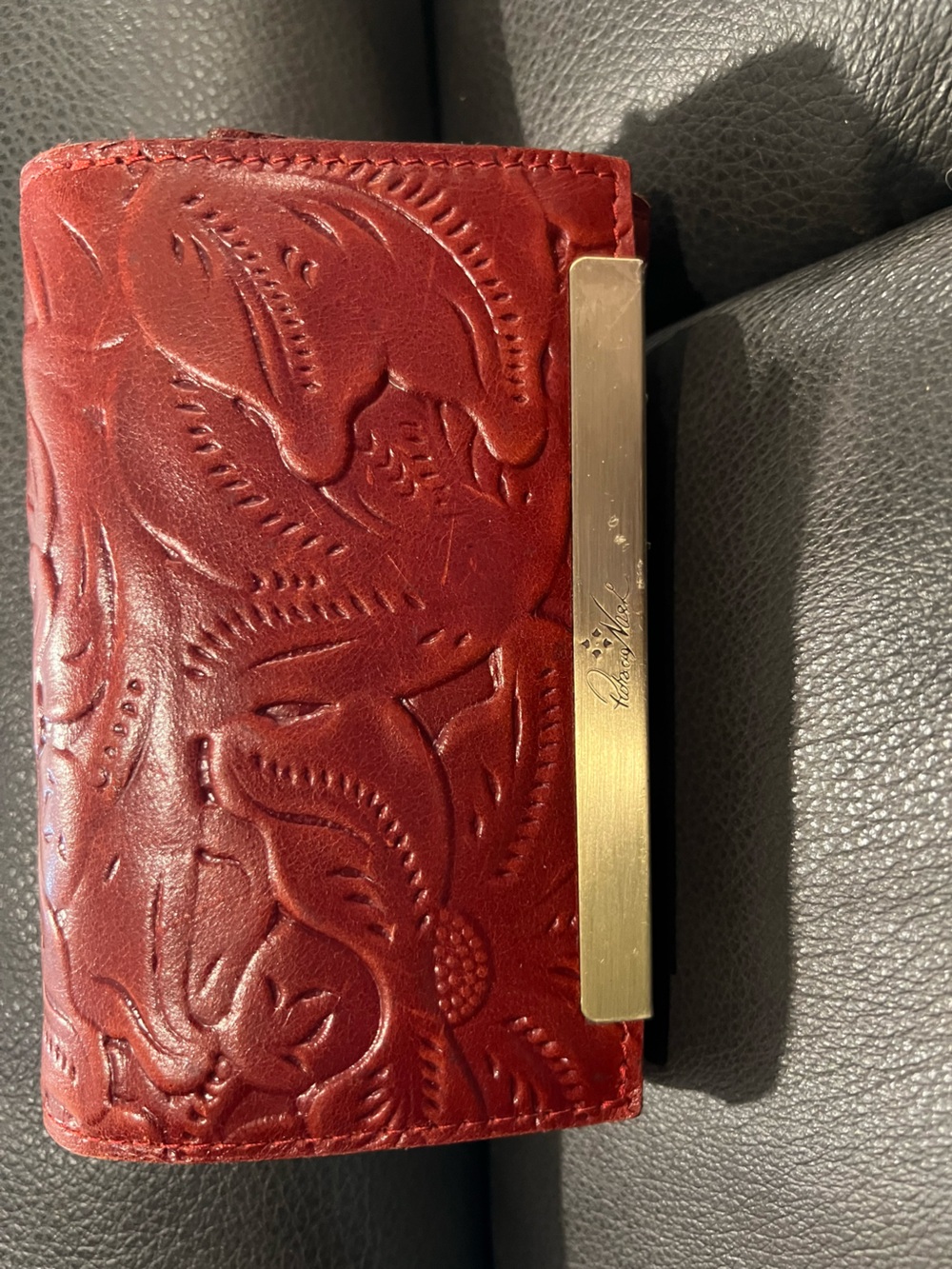 Patricia Nash Wine Red Embossed Leather Wallet/Clutch with Gold Trim